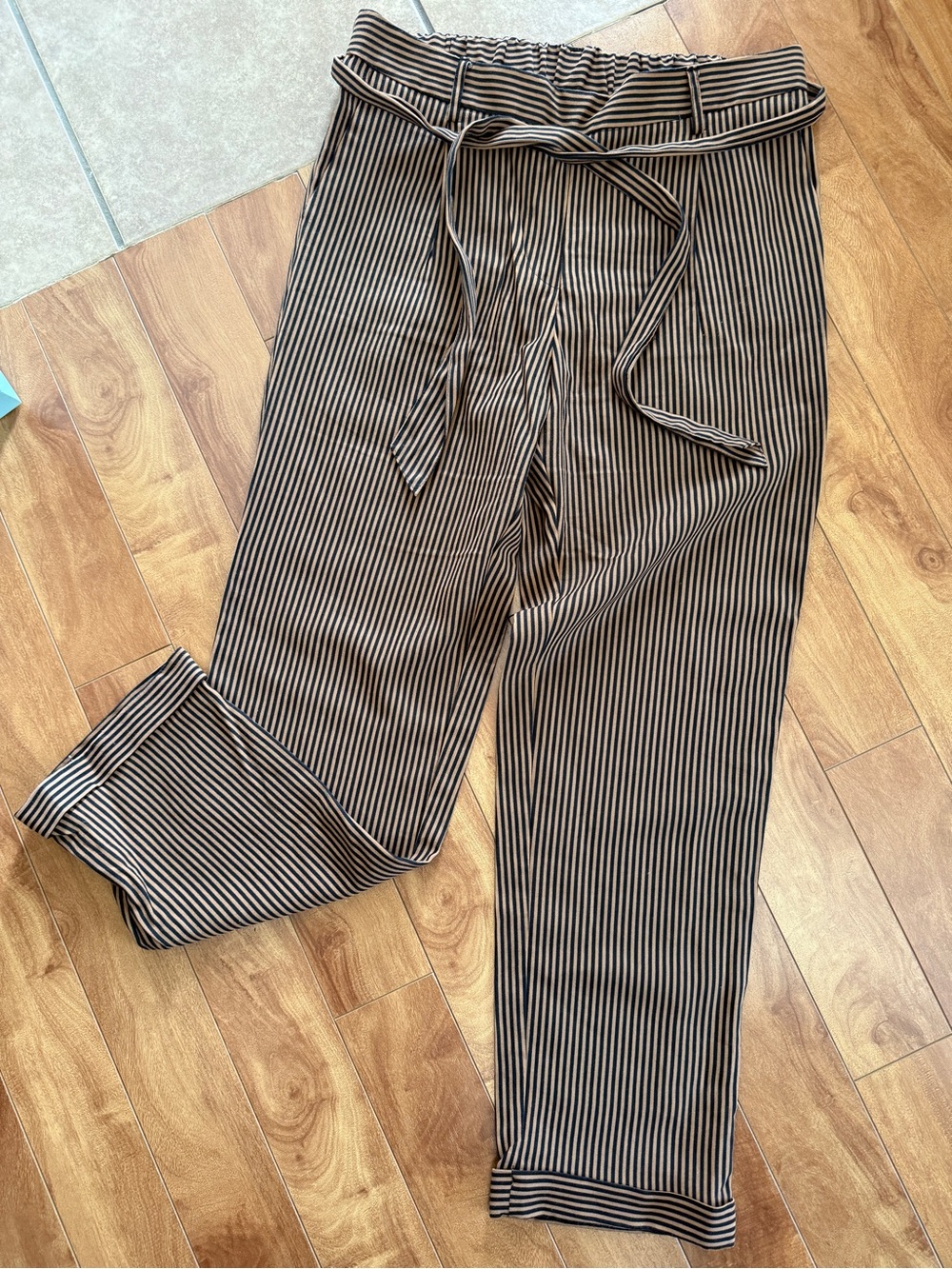 Mango Black and Tan Striped Paperbag Trousers
